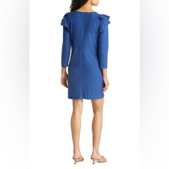 Lilly Pulitzer Pheby Blue Flocked Dot Ruffle Long Sleeve Sheath Dress Sz XS - Picture 3 of 14